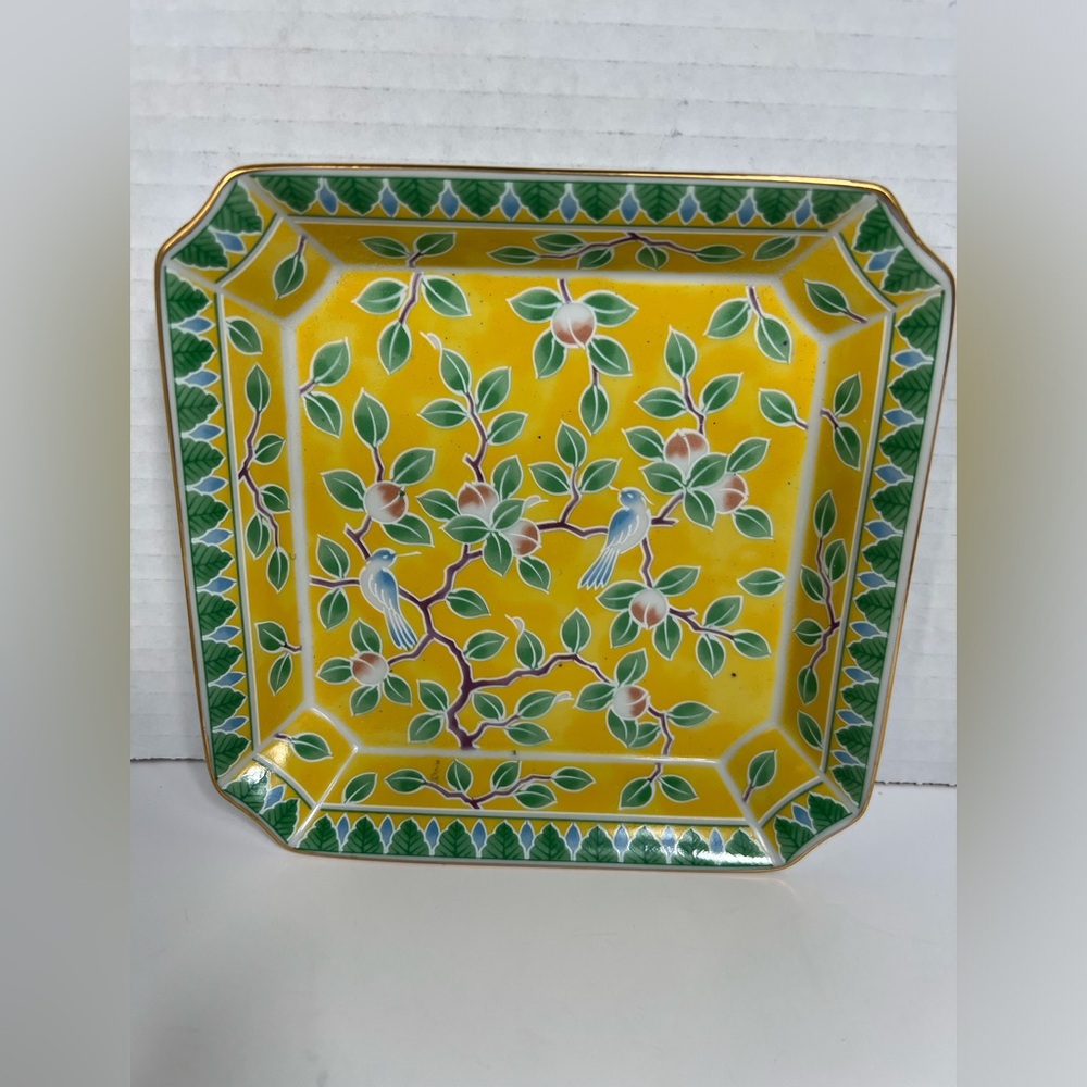 Manadarin Otagiri Japan Bird Tray Yellow Floral Ceramic Trinket Candy Dish VTG